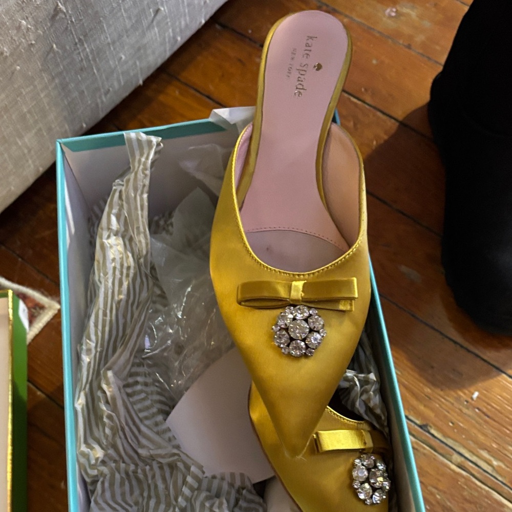kate spade Gold Satin Pointed Toe Mules with Crystal Brooch